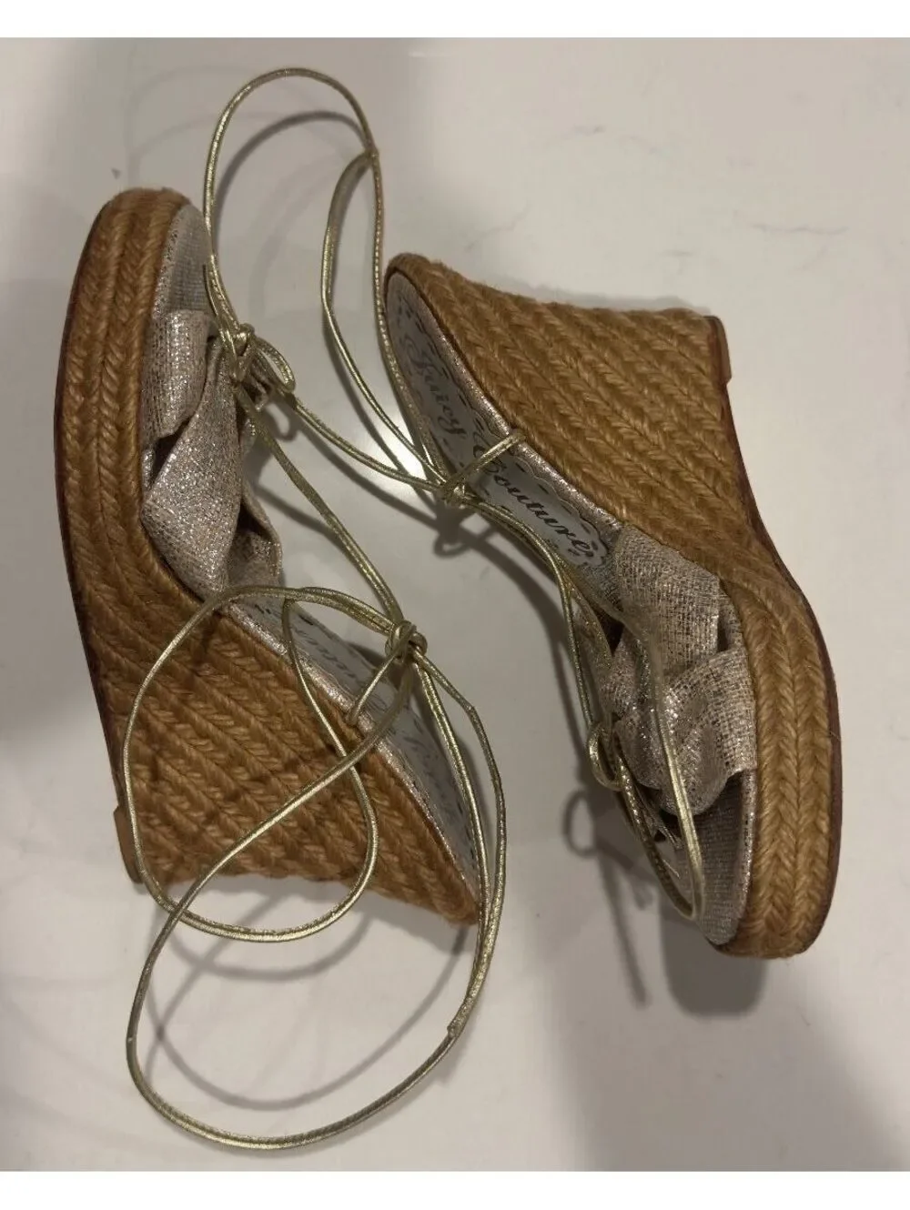 Juicy Couture Y2K Gold Bow Lace-Up Platform Espadrille Sandals Women Size 7